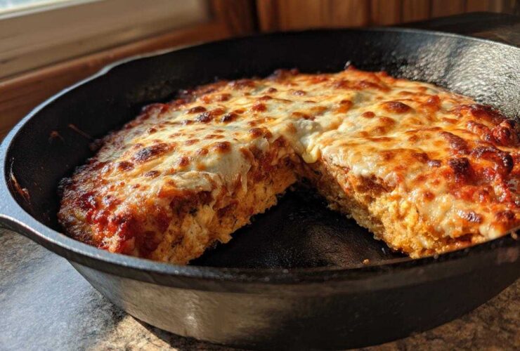 A thick-crust Cast Iron Skillet Pizza with a slice removed, showing melted, bubbly cheese and rich sauce.