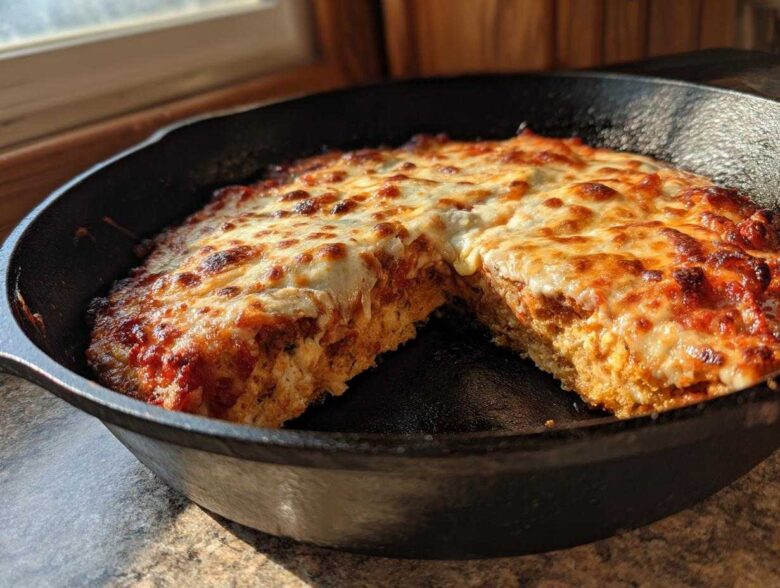 A thick-crust Cast Iron Skillet Pizza with a slice removed, showing melted, bubbly cheese and rich sauce.