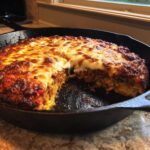 Thick, deep-dish Cast Iron Skillet Pizza with a golden, bubbly cheese crust, one slice removed.