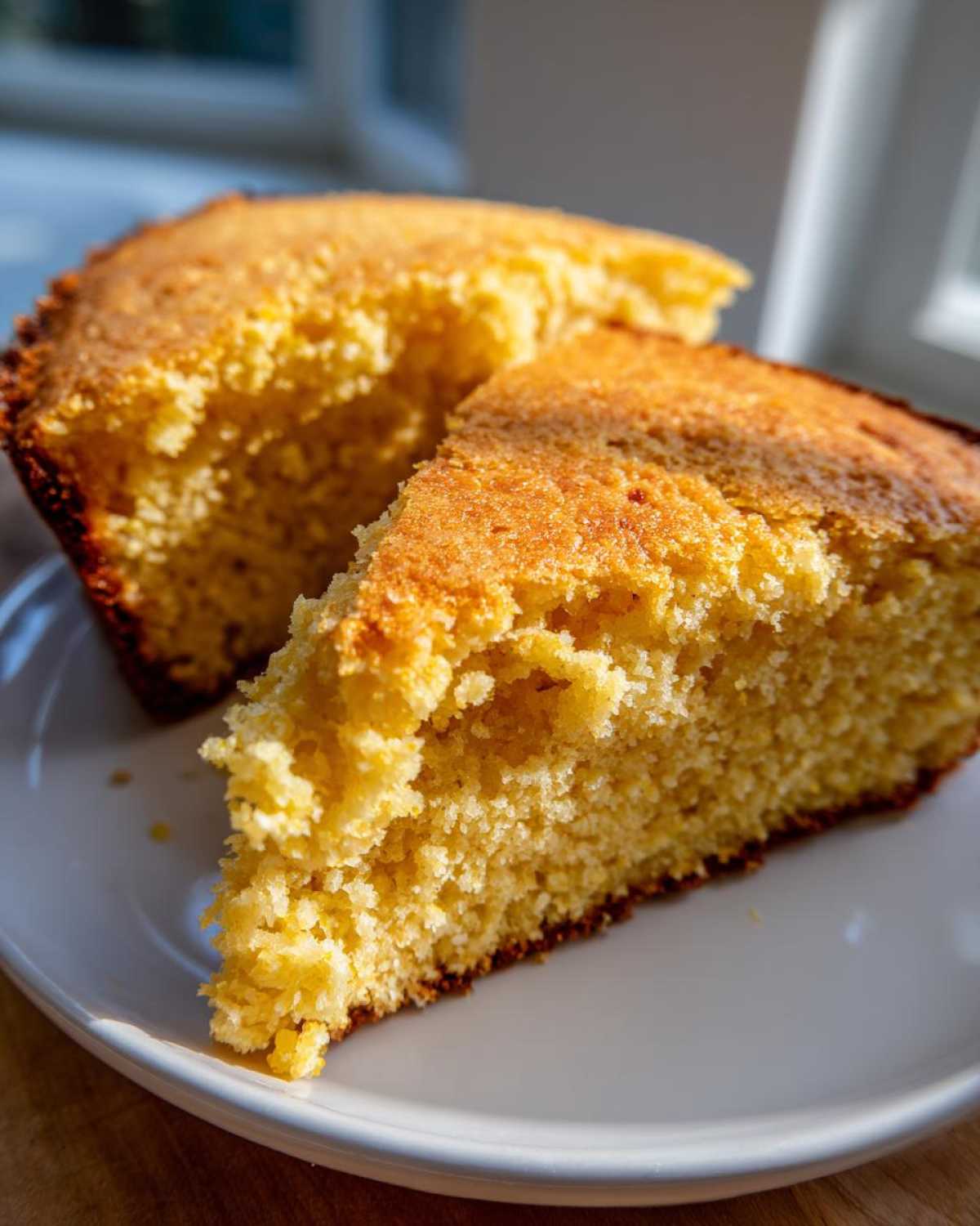 Two golden, moist slices of homemade Cornbread resting on a white plate, highlighted by natural light.