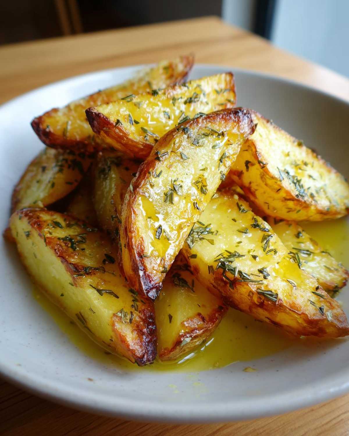 Close-up of golden roasted Amazing Greek Lemon Potatoes wedges glistening with lemon sauce and herbs.