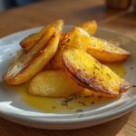 Close-up of golden, roasted Amazing Greek Lemon Potatoes glistening with lemon sauce and sprinkled with herbs.
