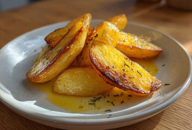 Close-up of golden, roasted Amazing Greek Lemon Potatoes glistening with lemon sauce and sprinkled with herbs.
