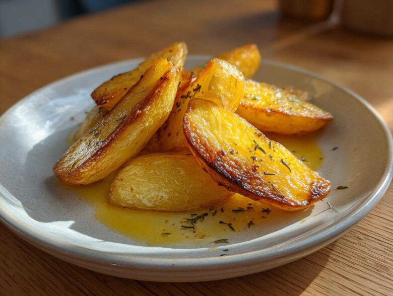 Close-up of golden, roasted Amazing Greek Lemon Potatoes glistening with lemon sauce and sprinkled with herbs.