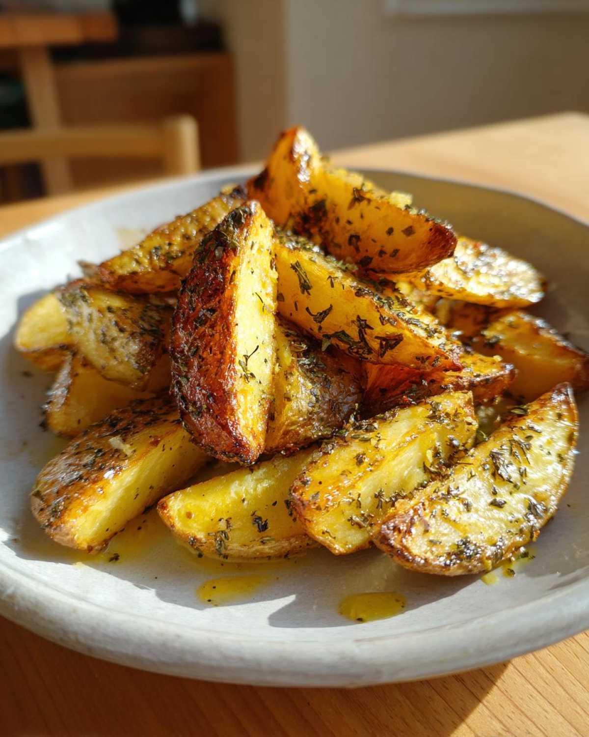 A close-up of perfectly roasted Amazing Greek Lemon Potatoes, golden brown and seasoned with herbs.