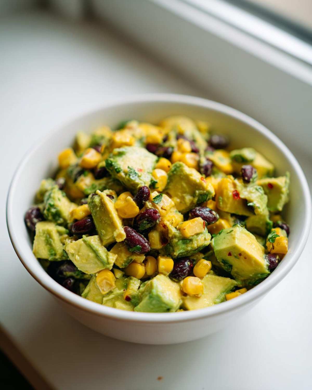 A white bowl filled with vibrant Avocado Salad featuring chunks of avocado, yellow corn, and dark red kidney beans.