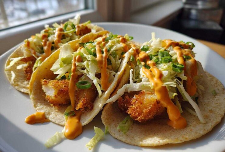 Three delicious Baja Fish Tacos filled with crispy fish, shredded cabbage, and drizzled with orange sauce.