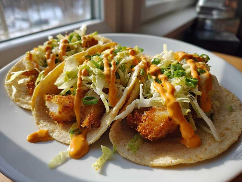 Three delicious Baja Fish Tacos filled with crispy fish, shredded cabbage, and drizzled with orange sauce.