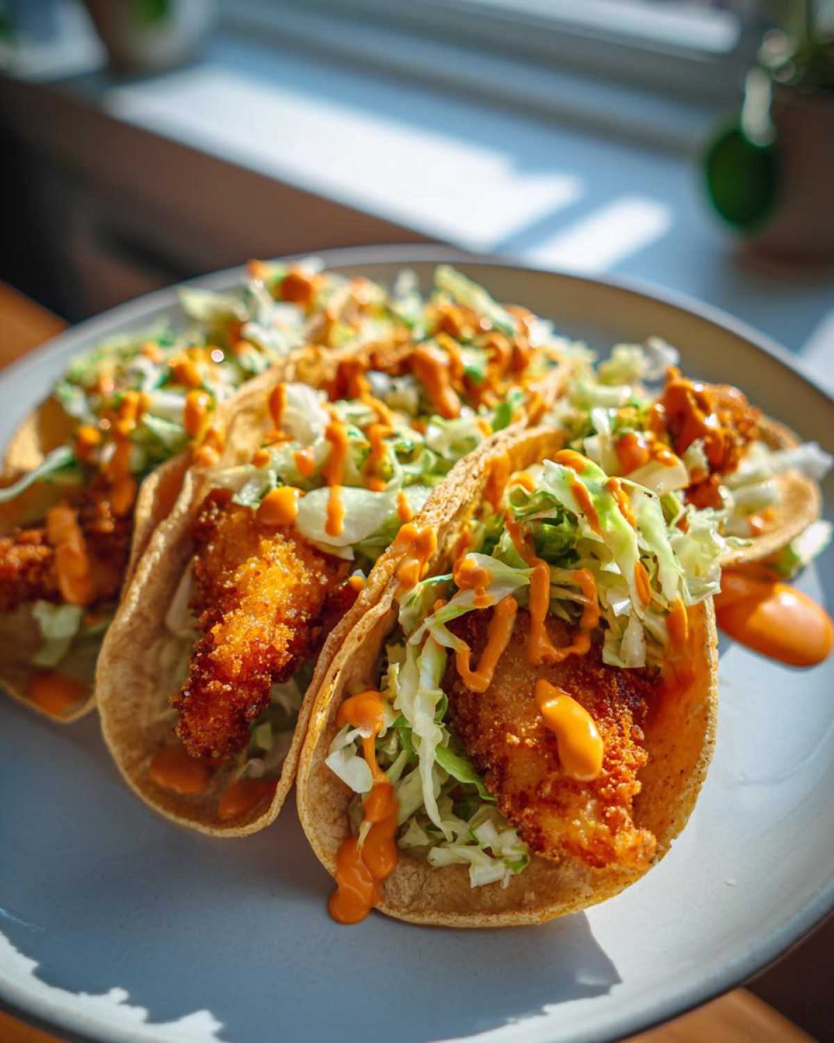 Close-up of three Baja Fish Tacos filled with crispy fish, shredded cabbage, and drizzled with orange sauce.