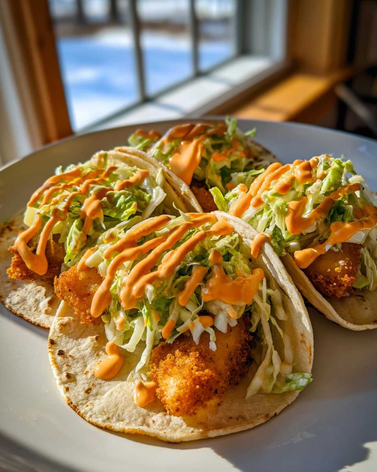Four delicious Baja Fish Tacos featuring crispy fried fish, shredded lettuce, and a drizzle of orange sauce on soft tortillas.