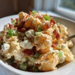 A creamy bowl of Amazing Baked Potato Salad topped with crispy bacon bits and green onions.