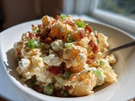 A creamy bowl of Amazing Baked Potato Salad topped with crispy bacon bits and green onions.