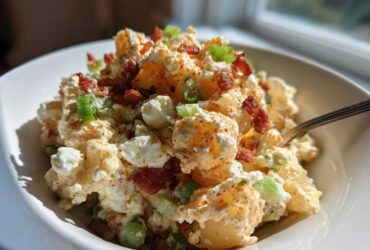 A creamy bowl of Amazing Baked Potato Salad topped with crispy bacon bits and green onions.