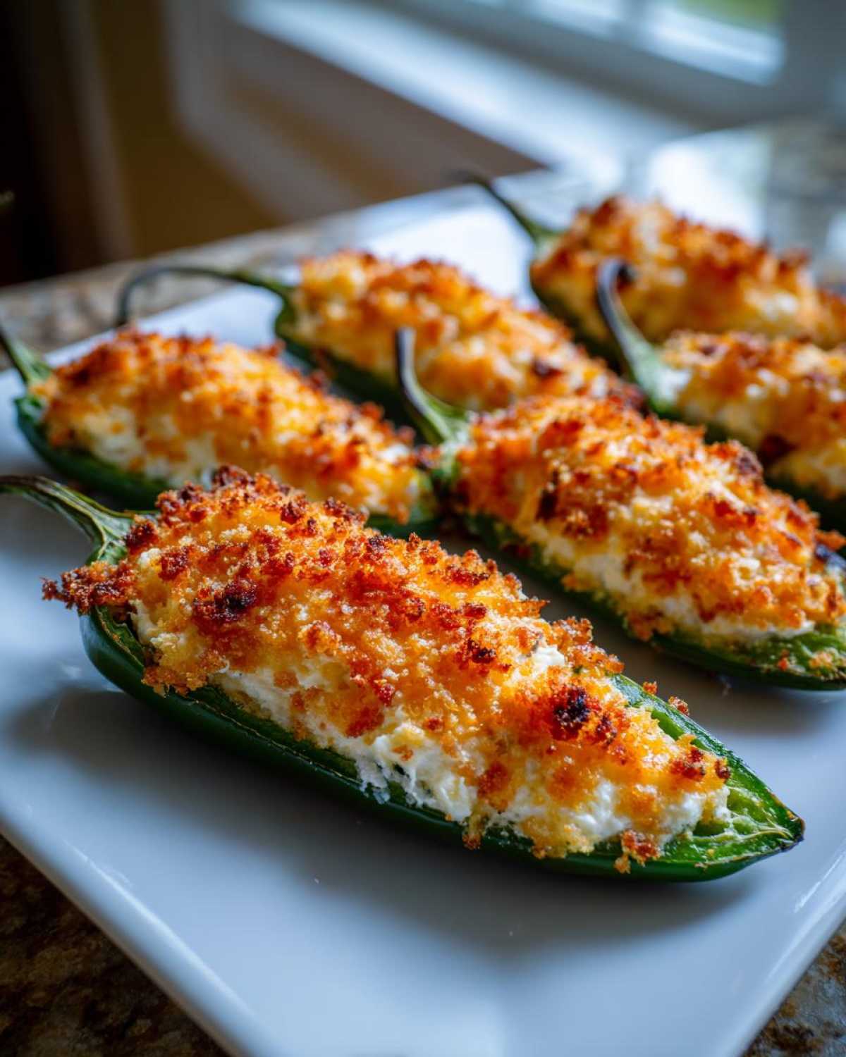 Close-up of baked Rattlesnake Bites (stuffed jalapeños) with a crispy, golden-brown topping on a white serving dish.