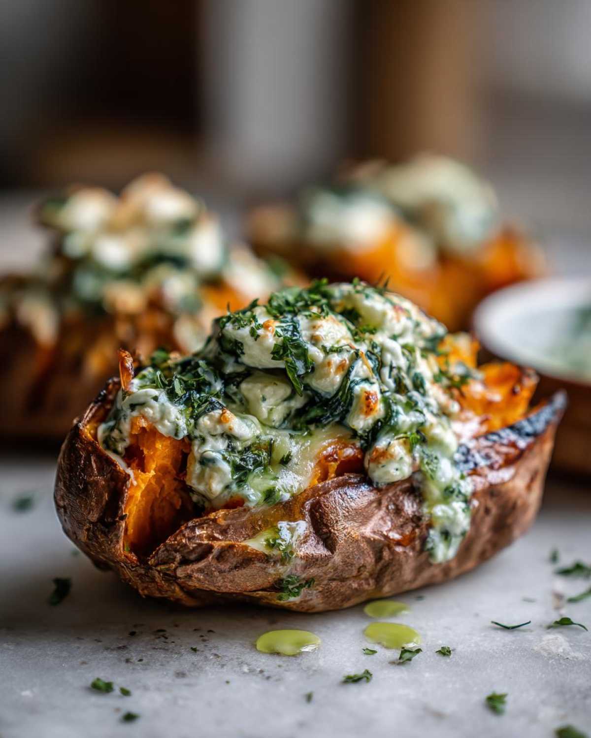 Close-up of baked sweet potatoes with creamy spinach ricotta and herb drizzle filling.