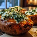 Close-up of baked sweet potatoes with creamy spinach ricotta and herb drizzle filling.