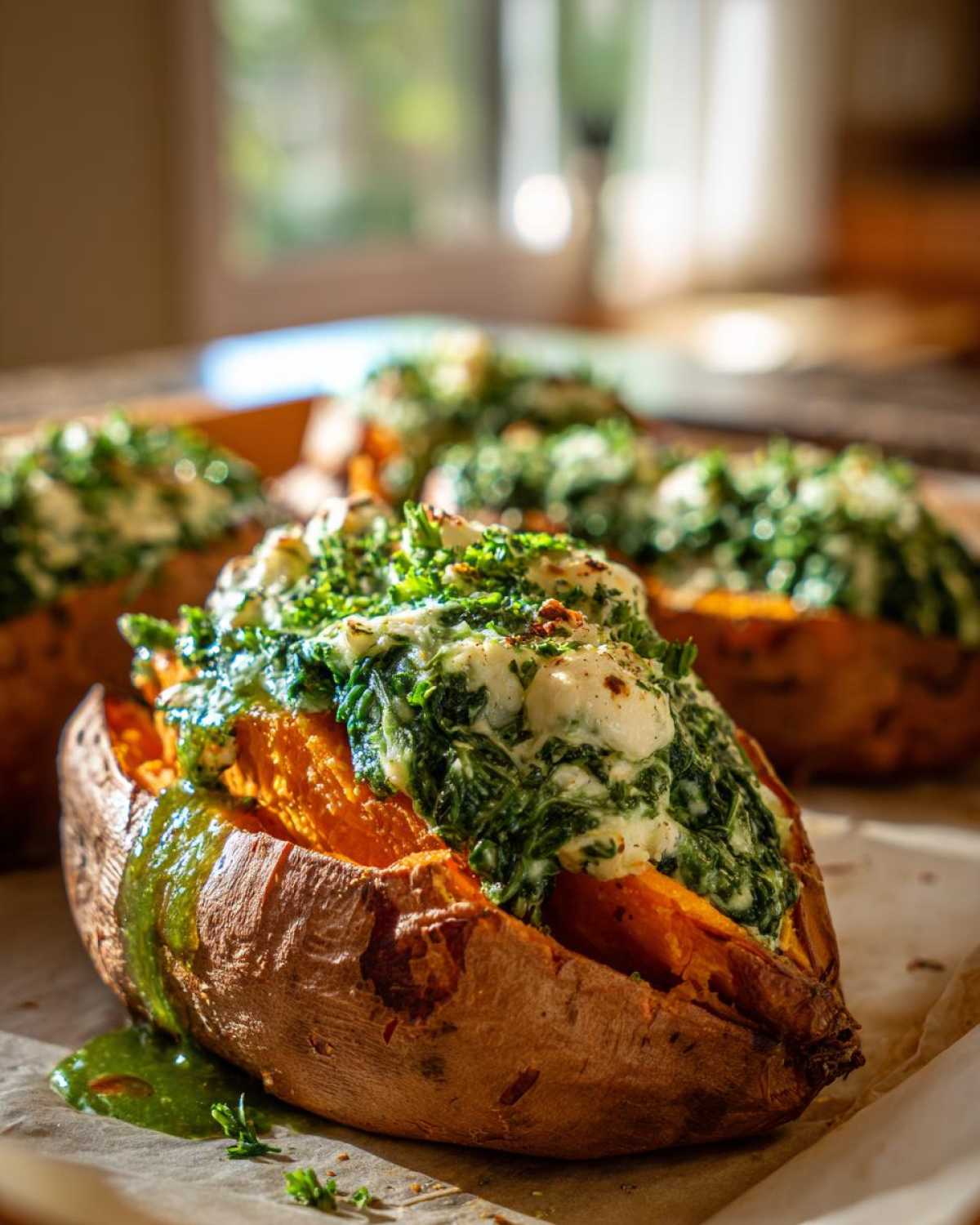 Close-up of baked sweet potatoes with creamy spinach ricotta and herb drizzle, ready to eat.