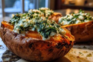 Close-up of baked sweet potatoes with creamy spinach ricotta and herb drizzle filling.