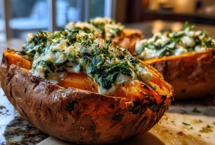 Close-up of baked sweet potatoes with creamy spinach ricotta and herb drizzle filling.