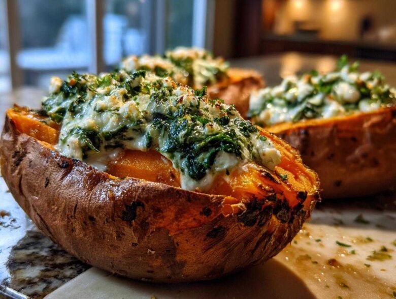 Close-up of baked sweet potatoes with creamy spinach ricotta and herb drizzle filling.