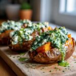 Close-up of baked sweet potatoes with creamy spinach ricotta and herb drizzle on a wooden board.