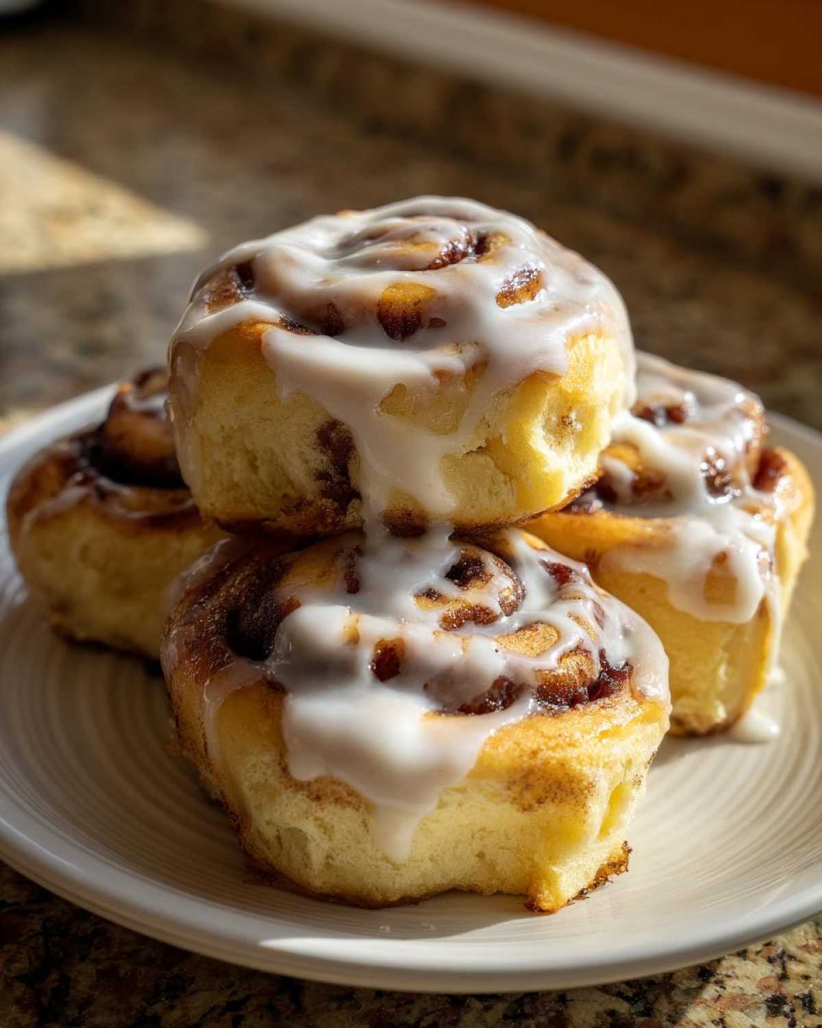 Close-up of four glazed Banana Bread Batter Cinnamon Buns stacked on a white plate, dripping with white icing.