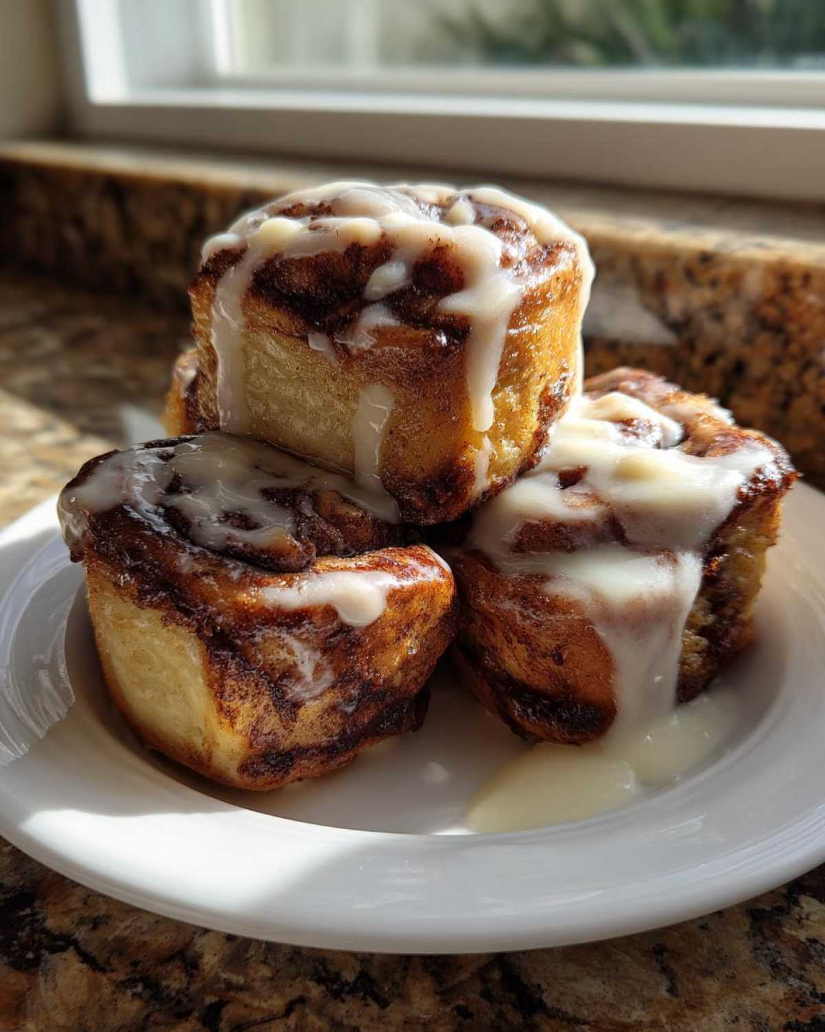 A stack of three moist Banana Bread Batter Cinnamon Buns drizzled heavily with white icing.