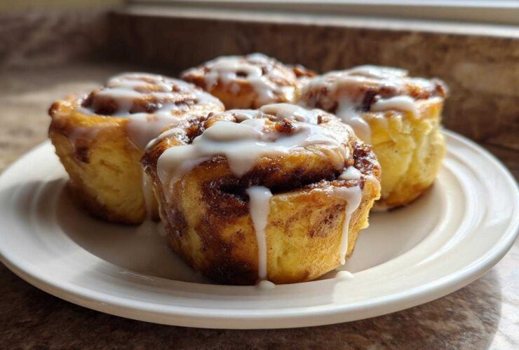 Four freshly baked Banana Bread Batter Cinnamon Buns drizzled with white icing on a white plate.