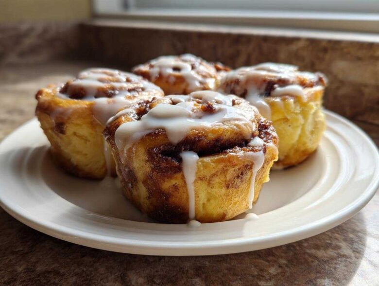Four freshly baked Banana Bread Batter Cinnamon Buns drizzled with white icing on a white plate.