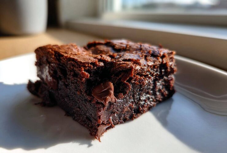 A close-up of a rich, fudgy square of Banana Bread Brownies with visible chocolate chips, sitting on a white plate.