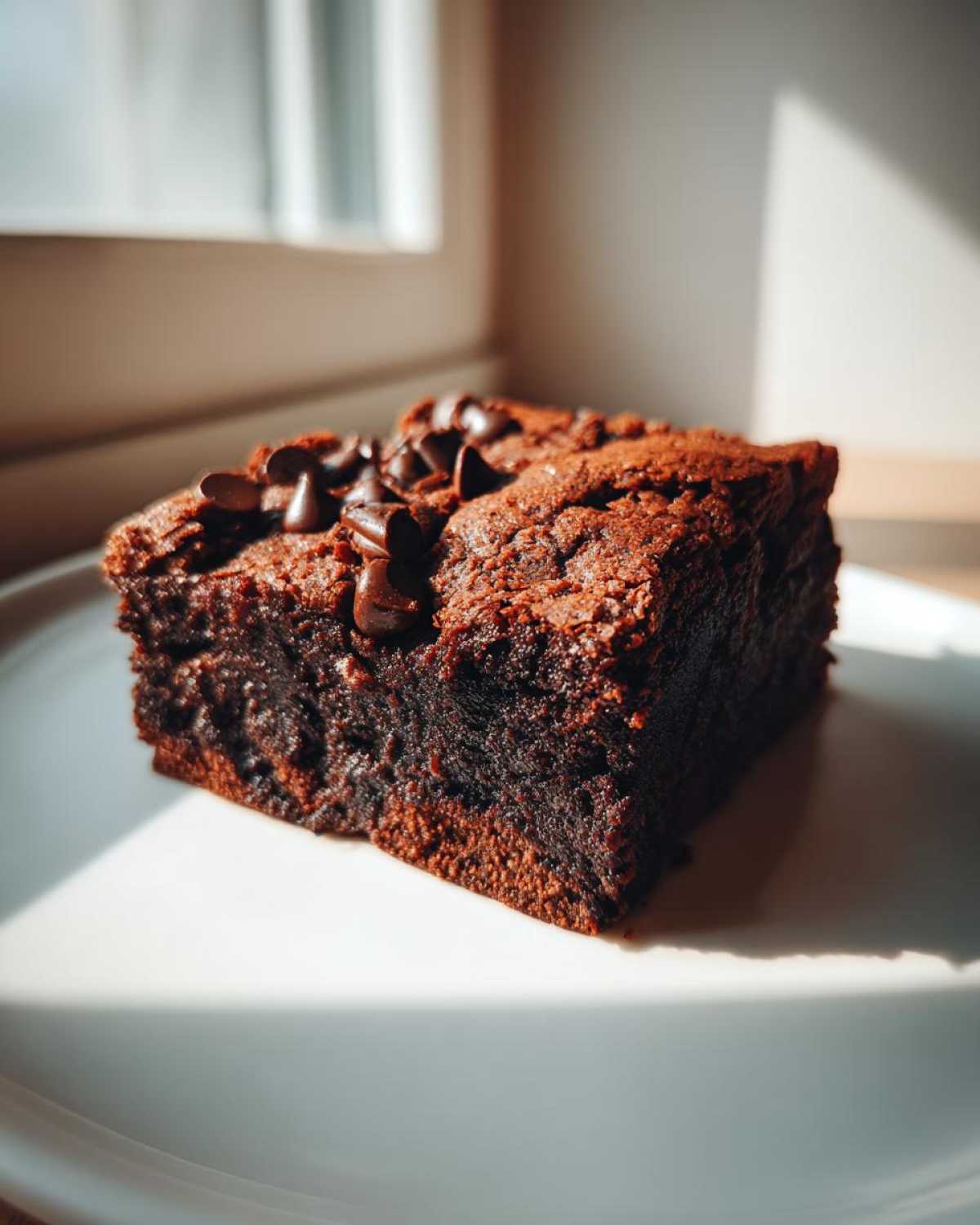 A close-up of a fudgy square of Banana Bread Brownies topped with melted chocolate chips, sitting on a white plate.