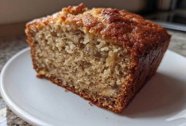 Close-up of a moist slice of Banana Bread Snack Cake Soft Moist Treat on a white plate.