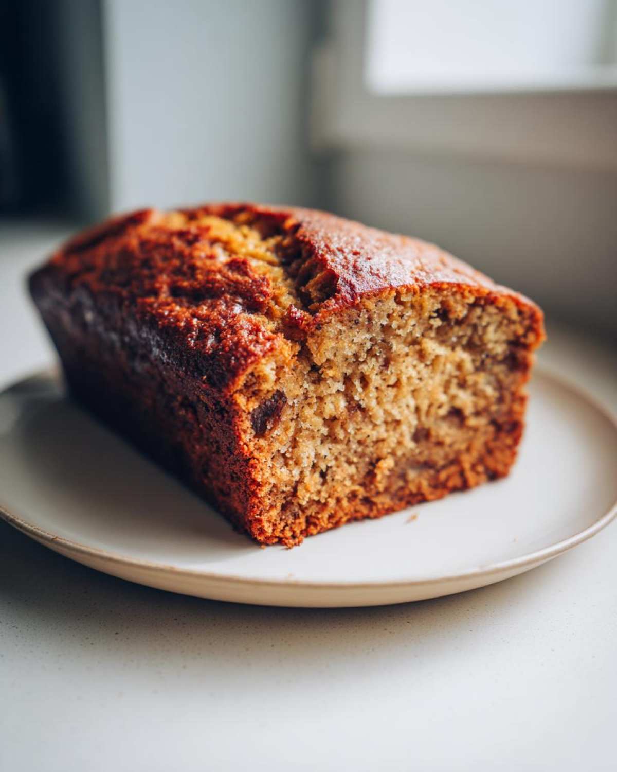 A close-up of a freshly baked, moist Banana Bread Snack Cake loaf with a dark golden crust, sitting on a light plate.