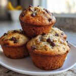 A stack of four golden brown Banana Chocolate Chip Muffins topped with melted chocolate chips on a white plate.