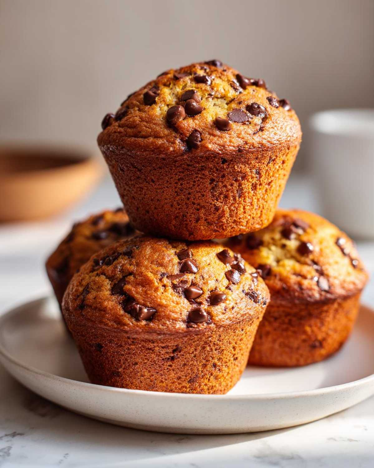 A stack of four golden-brown Banana Chocolate Chip Muffins topped generously with melted chocolate chips, resting on a light plate.