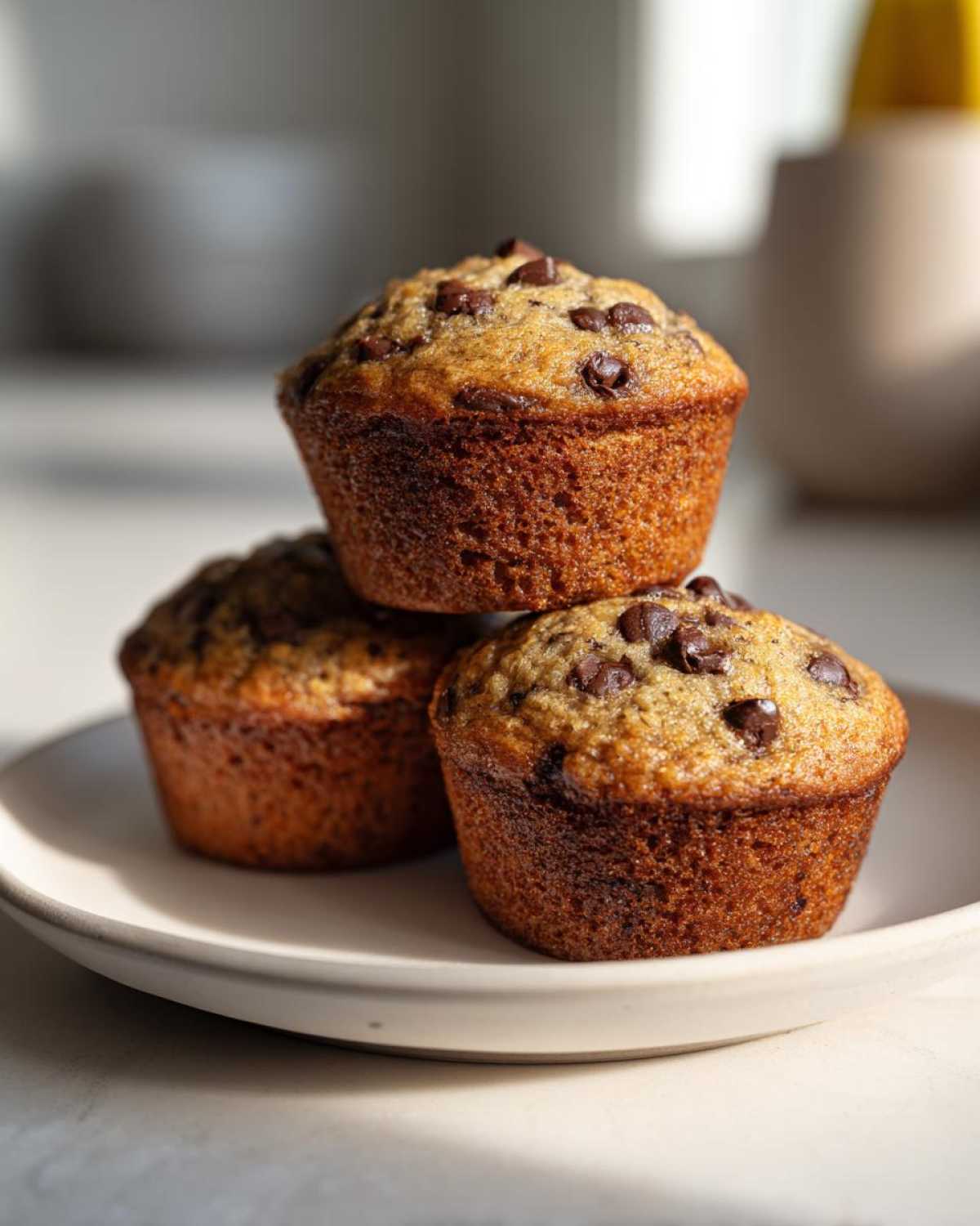 Three golden-brown Banana Chocolate Chip Muffins stacked on a light plate, topped with melted chocolate chips.