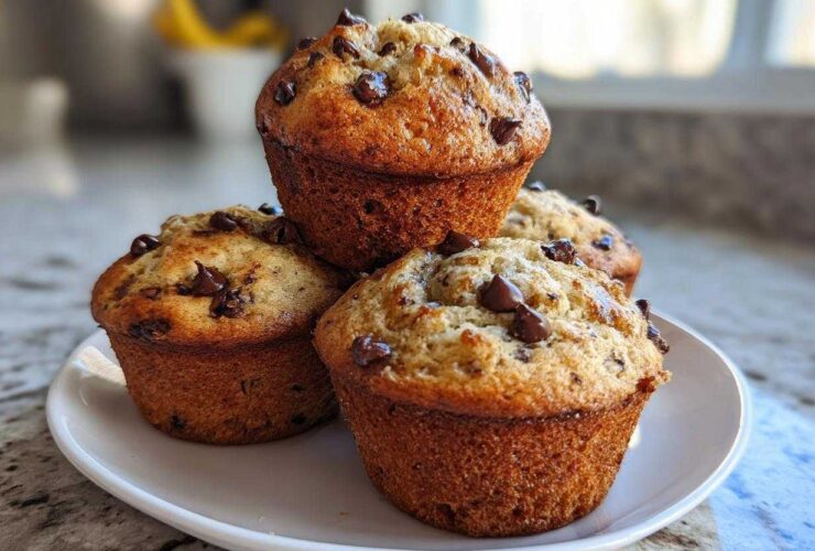 A stack of four golden brown Banana Chocolate Chip Muffins topped with melted chocolate chips on a white plate.
