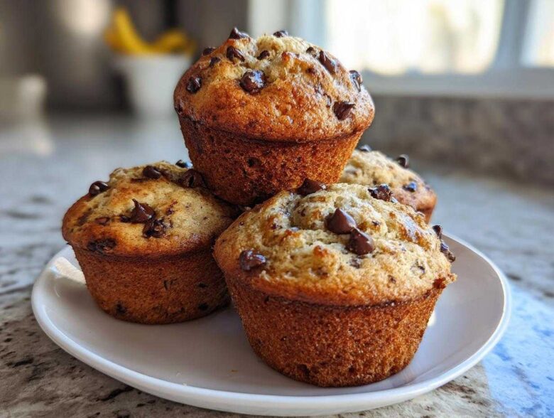 A stack of four golden brown Banana Chocolate Chip Muffins topped with melted chocolate chips on a white plate.