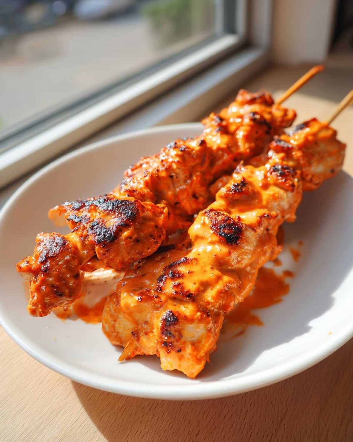 Two skewers of grilled Bang Bang Chicken Skewers coated in a creamy, spicy orange sauce, resting on a white plate.
