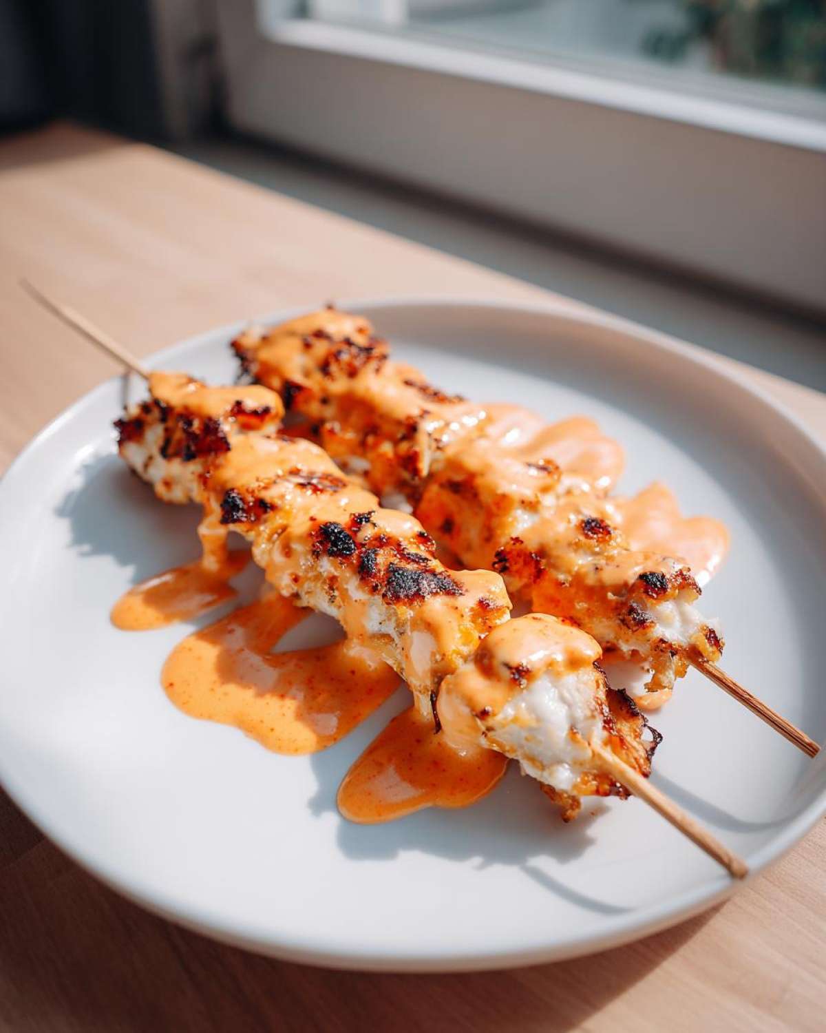 Two grilled Bang Bang Chicken Skewers generously drizzled with orange creamy sauce on a white plate.