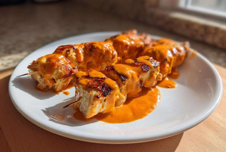 Close-up of grilled Bang Bang Chicken Skewers generously drizzled with a creamy, bright orange sauce on a white plate.