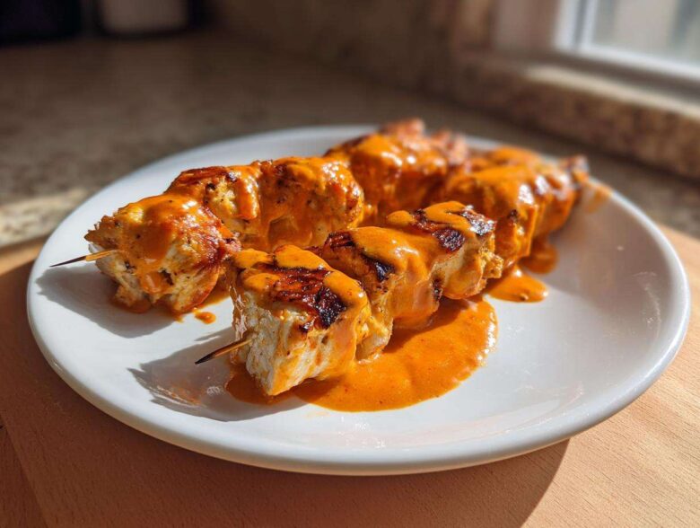 Close-up of grilled Bang Bang Chicken Skewers generously drizzled with a creamy, bright orange sauce on a white plate.