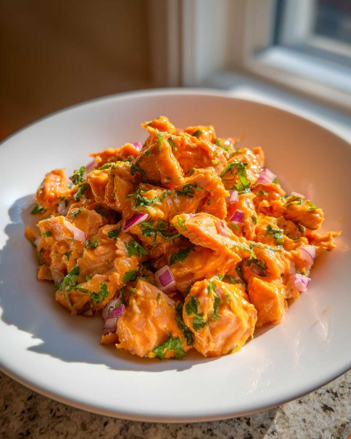 A close-up shot of creamy Bang Bang Salmon Salad mixed with red onion and parsley served in a white bowl.