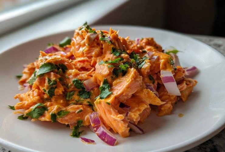 A close-up of a serving of vibrant orange Bang Bang Salmon Salad mixed with red onion and topped with fresh cilantro.