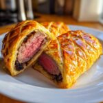 Two halves of a golden, flaky Beef Wellington Individual, showing the perfectly medium-rare beef center.
