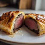 A perfectly cooked Beef Wellington Individual cut in half, showing medium-rare beef surrounded by mushroom duxelles and flaky pastry.