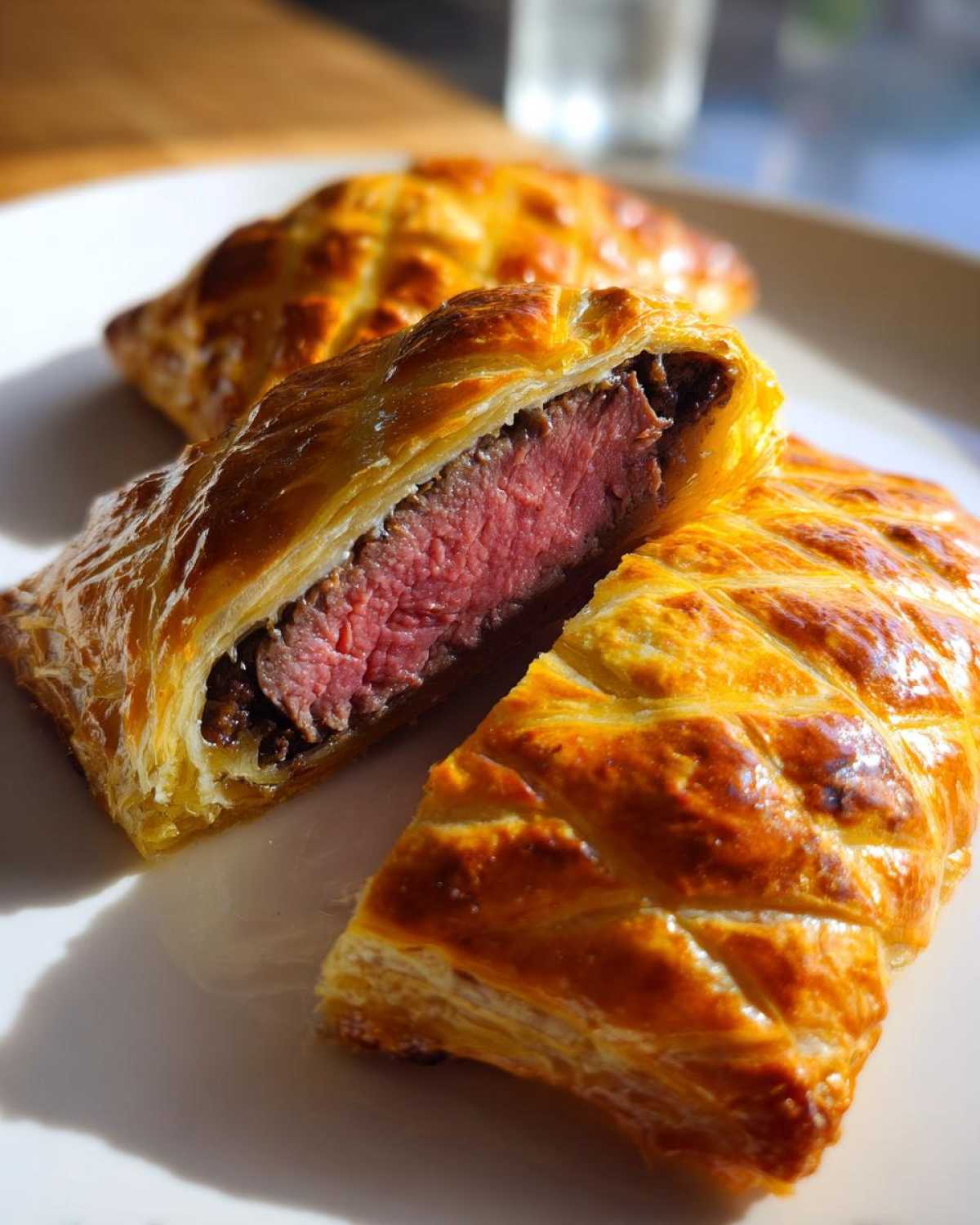 Close-up of a Beef Wellington Individual cut in half, showing medium-rare beef inside golden puff pastry.