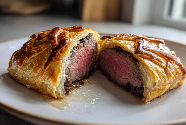 A perfectly cooked Beef Wellington Individual cut in half, showing medium-rare beef surrounded by mushroom duxelles and flaky pastry.