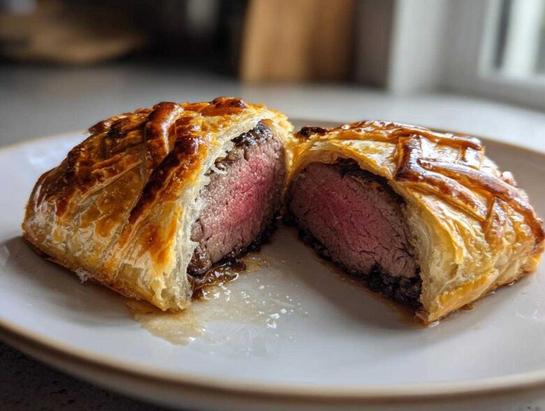 A perfectly cooked Beef Wellington Individual cut in half, showing medium-rare beef surrounded by mushroom duxelles and flaky pastry.