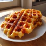 Close-up of two golden brown Belgian Waffles stacked on a white plate, ready for a crispy and fluffy breakfast.